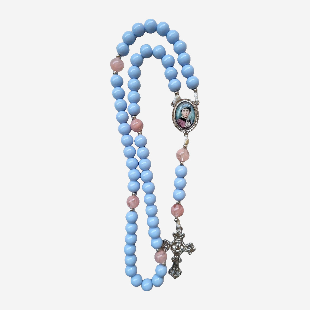 Terço Beata Conchita Azul-Celeste com Detalhes Rosé e Crucifixo Prateado