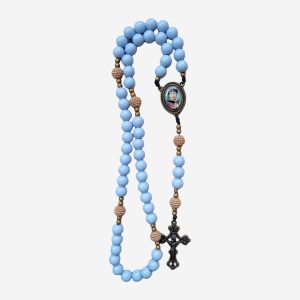 Terço Beata Conchita Azul-Celeste com Pérolas Douradas e Crucifixo Ouro-Velho