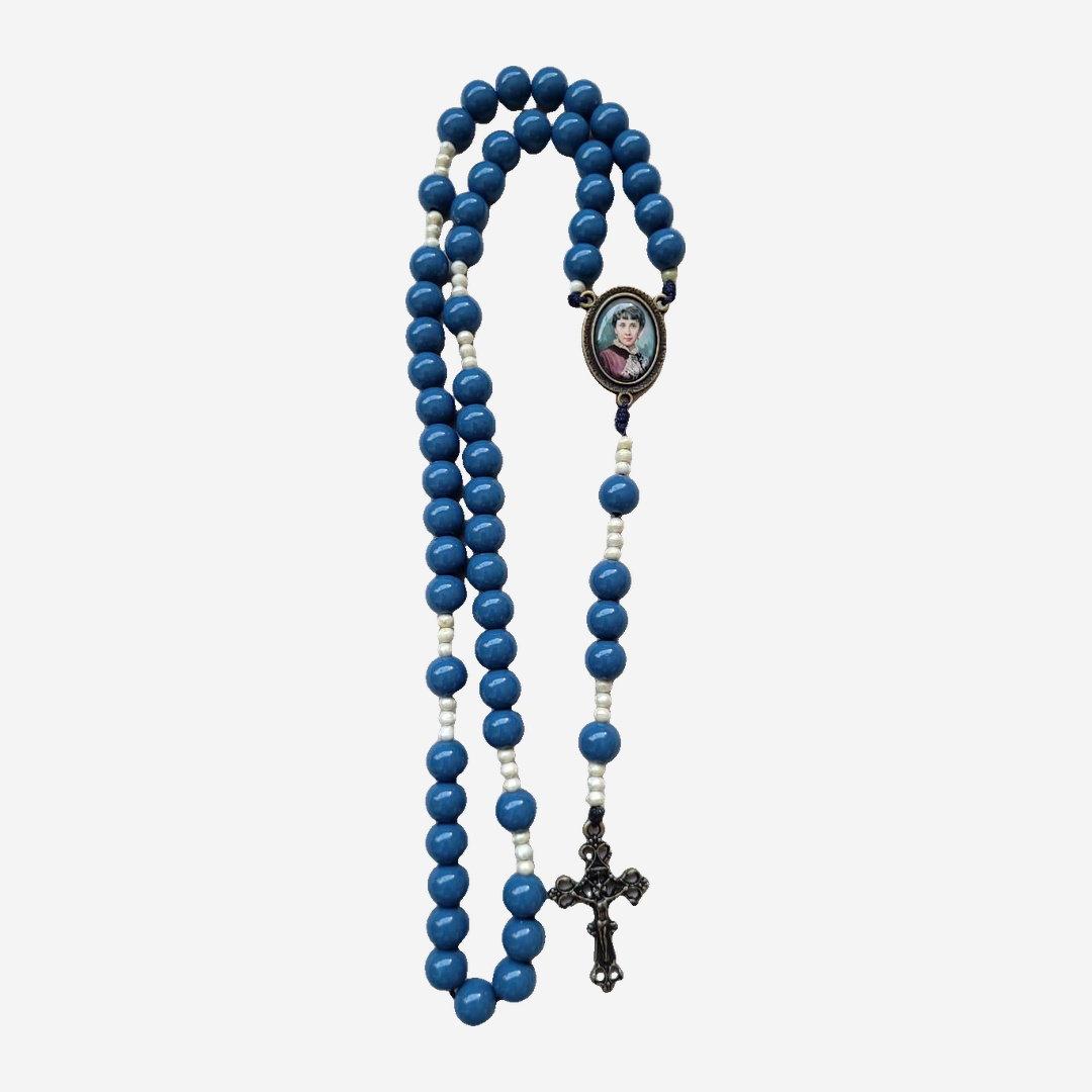 Terço Beata Conchita Azul-Petróleo com Pai-Nossos Brancos e Crucifixo Ouro-Velho
