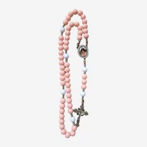 Terço Nsa. Mãe dos Sacerdotes Rosé com Detalhes Azul-Claro e Crucifixo Prateado