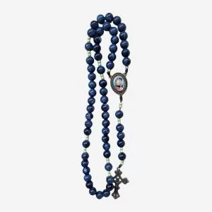 Terço Beata Conchita Azul-Marinho Mesclado com Pérolas e Crucifixo Ouro-Velho