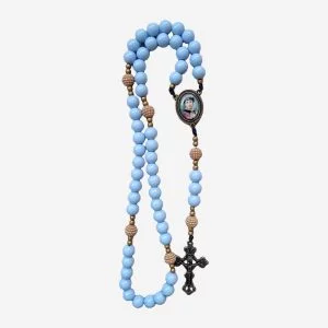 Terço Beata Conchita Azul-Celeste com Pérolas Douradas e Crucifixo Ouro-Velho